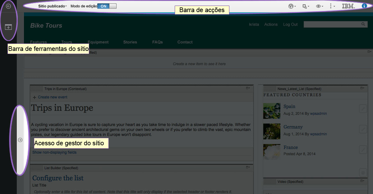 Captura de ecrã da interface de utilizador de autoria que realça a barra de acções, a barra de ferramentas do sítio e o acesso de gestor ao sítio.