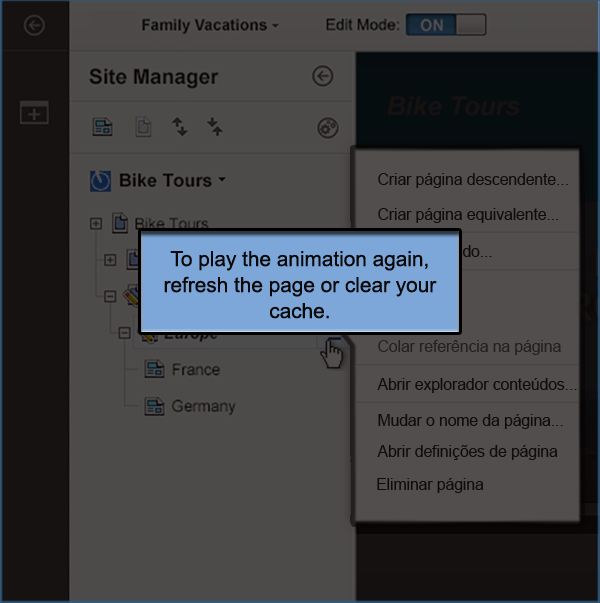 Captura de ecrã animada da vista em árvore do gestor do sítio que realça o menu contextual de uma página. A animação mostra o cursor a mover-se para a página Europa e a seleccionar o ícone do menu contextual. O menu contextual da página Europa é aberto.