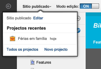 Captura de ecrã do menu dos projectos.