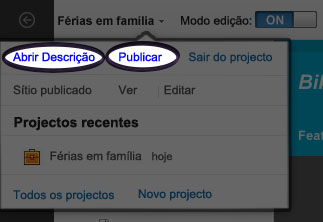 Captura de ecrã do menu de projectos aberto, com a opção Publicar e Abrir descrição geral seleccionadas.