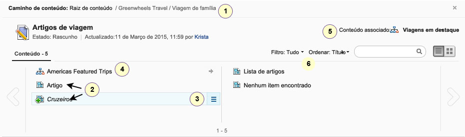 Captura de ecrã do explorador de conteúdo